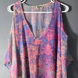 Show Me Your Mumu Peta Boo Tunic Womens Size XL Cold Shoulder Purple/Pink Print